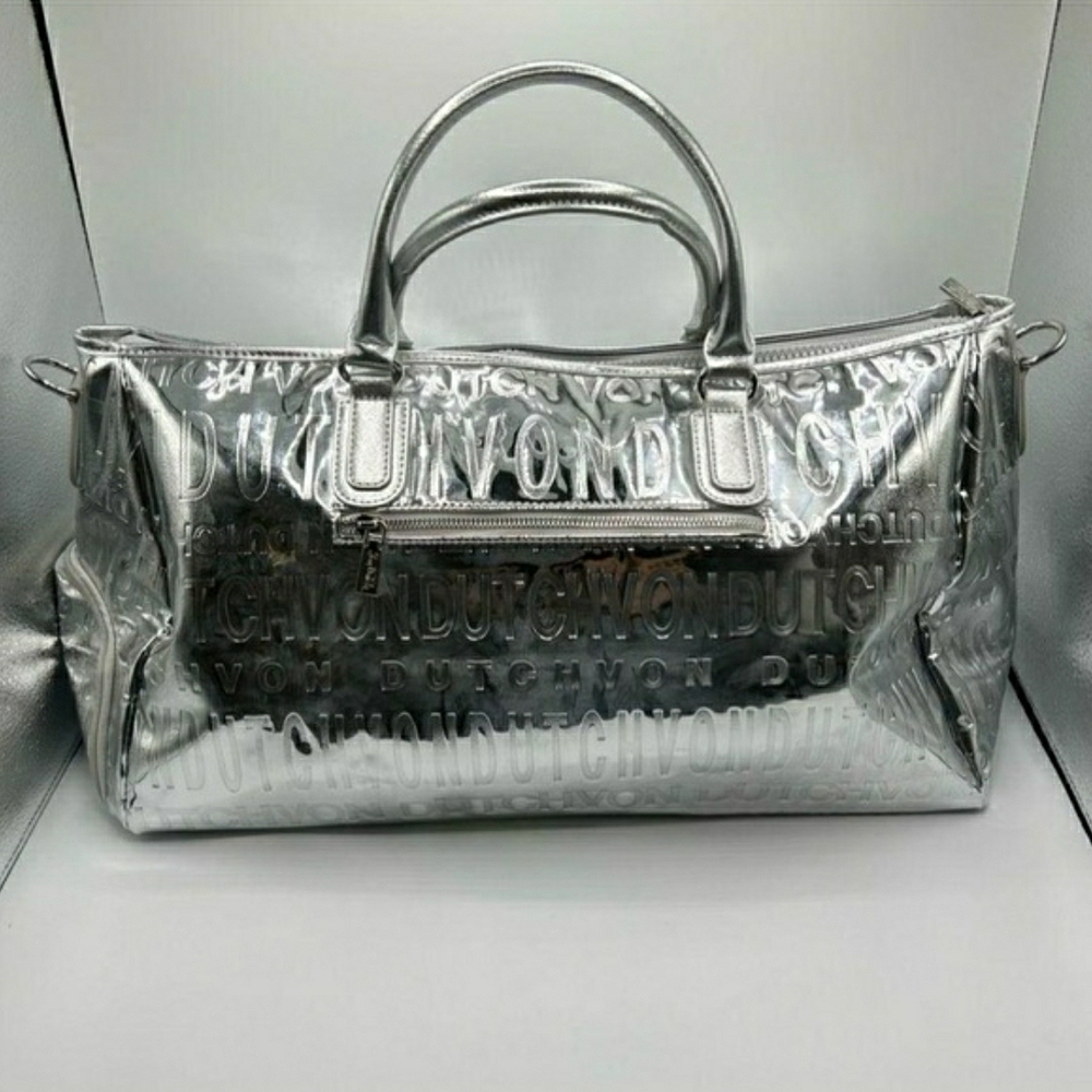 NWT! Von Dutch Metallic Silver Mirrored Weekender Gym Duffel Bag (Retail $379) - Picture 13 of 16